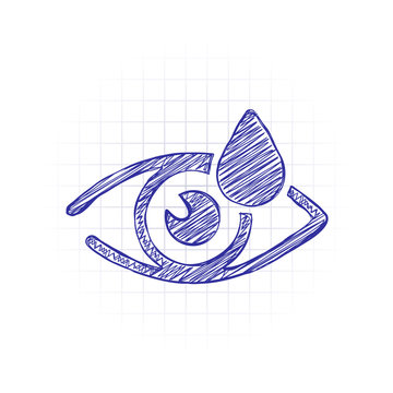 Eye and drop. Simple icon. Hand drawn sketched picture with scribble fill. Blue ink. Doodle on white background