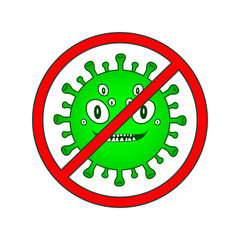 Green Virus. Corona Virus with many eyes and smiling mouth in red circle. Microbiology And Virology Concept icon. Wuhan virus maskot. Dangerous pandemic smiley and emoticon. Quarantine logo, symbol.