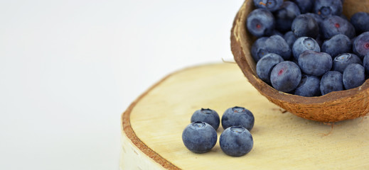 Freshly picked blueberries in a bowl on a tree cut. Blueberry antioxidant. Concept for healthy eating and nutrition, copy space