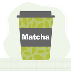 Vector matcha tea paper cup with green leaves pattern in a flat style.