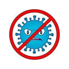 Blue Virus. Corona Virus with eyes and angry face in red circle. Microbiology And Virology Concept icon. Wuhan virus maskot. Dangerous pandemic smiley and emoticon. Logo, symbol, icon for Quarantine