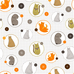 Seamless pattern with funny cats and color button