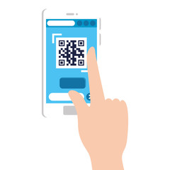 hand and qr code inside smartphone design of technology scan information business price communication barcode digital and data theme Vector illustration