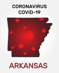 Map of Arkansas state and coronavirus infection. Concept of disease outbreak with microbe cell symbols. Vector illustration