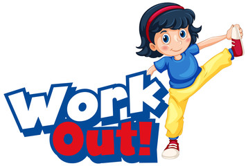 Font design for word work out with little girl doing exercise