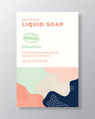 Fototapeta premium Liquid Soap Package Label Template. Abstract Shapes Camo Background Vector Cover. Cosmetics Packaging Design. Modern Typography and Hand Drawn Pistachio Nut Sketch.