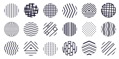 Circle icons collection. Doodle round textured shapes, signs, symbols set. Highlight covers, elements for brand identity