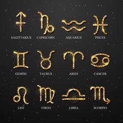 Set of astrology golden zodiac signs on dark black background. Vector illustration