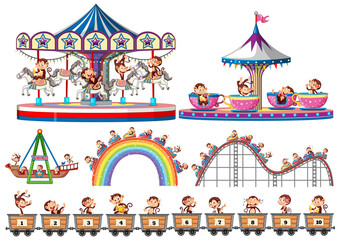 Set of happy monkeys riding on different rides in the circus