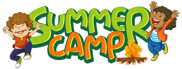 Font design for word summer camp with kids and campfire
