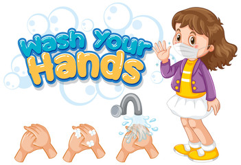 Wash your hands font design with girl wearing mask