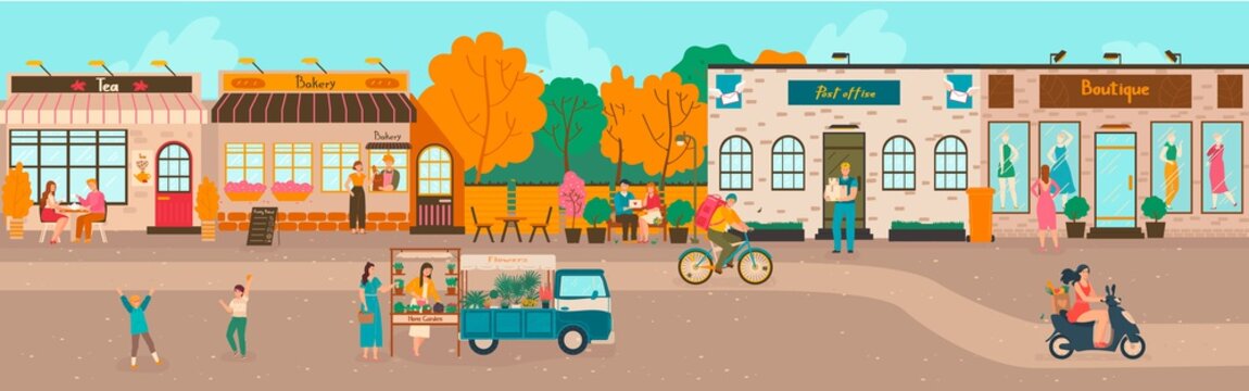 Small town streets, people walking, buildings of bakery, cafe and shops old european architecture cityscape cartoon vector illustration. Small town, people drink coffee outdoors, buy flowers at kiosk.