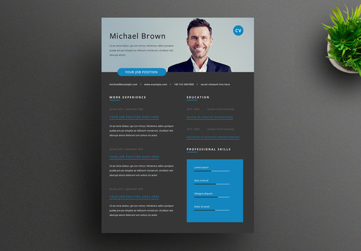 Resume Layout with Dark Background and Blue Elements
