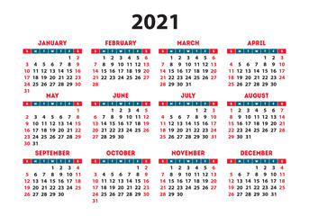 Calendar 2021 vector pocket basic grid. Simple design template. Color calender. New year
