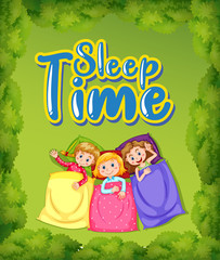 Poster design with word sleep time and girls in bed