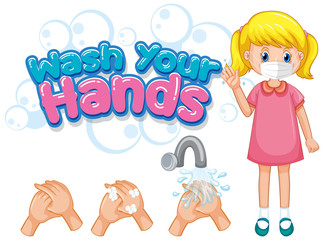 Wash your hands poster design with girl wearing mask