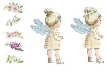 illustration of a blonde fairy girl with wings in a yellow dress, set to create a fairy