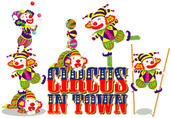 Font design for word circus in town with happy clowns