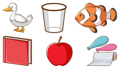 Large set of different animals and other objects on white background