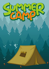 Scene background design for word summer camp with tent in the forest