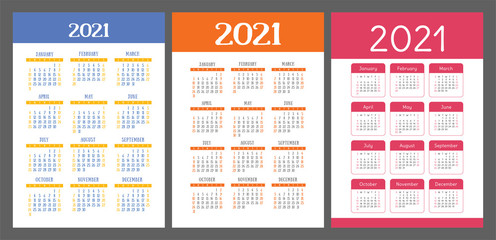 Calendar 2021 year set. Vector pocket or wall calender template collection. Simple design. January, February, March, April, May, June, July, August, September, October, November, December