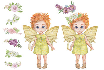 
illustration of a red-haired fairy girl with wings, set for creating a fairy