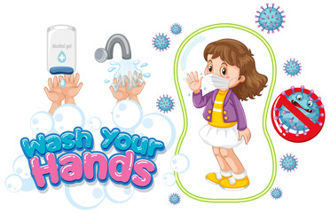 Wash your hands poster design with girl wearing mask