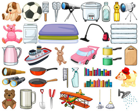 Large set of household items on white background