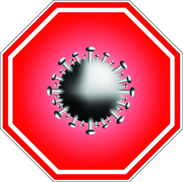 Octagonal danger stop sign with coronavirus icon in the middle. A close up of a red stop coronavirus sign