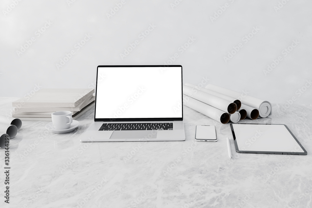 Poster laptop working from home ,front view of workpark with blank laptop screen in home interior, working 