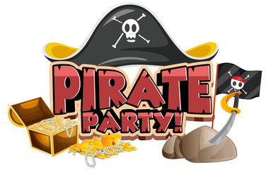 Font design for word pirate party with hat and gold