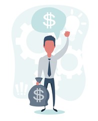 Rich businessman character hold bags full of money. Vector flat cartoon illustration