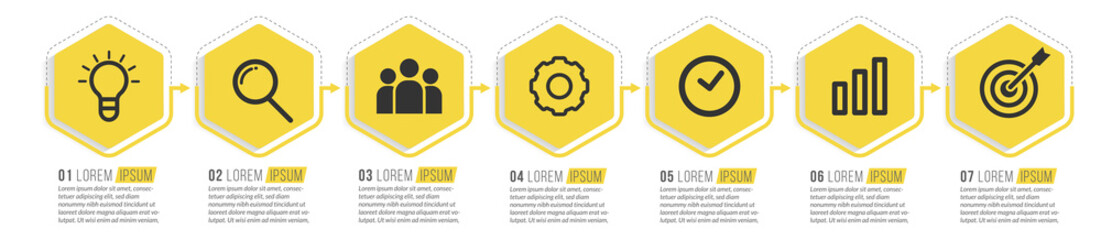 Minimal Business Infographics template. Timeline with 7 steps, options and marketing icons .Vector linear infographic with seven conected elements. Can be use for presentation.