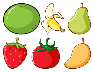 Large set of different types of fruits and vegetables on white background