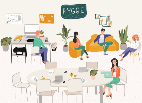 Freelancers office hygge interior workplace or home office with stylish comfy furniture and people designers with laptops flat vector illustration. Scandinavian freelance interior in hygge style.