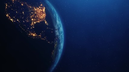 Beautiful Planet Totating Earth from space Star Sunrise Loop Animation. space, planet, galaxy, stars, cosmos, sea, earth, sunset, globe, skyline world Cloud Visible city