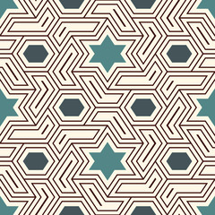 Oriental ancient mosaic seamless pattern. Arabesque ornament. Repeated geometric figures, hexagons, stars surface print