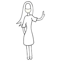 A girl in a medical mask due to an outbreak of Covid-19 coronavirus infection. Vector illustration. Outline on an isolated background. Doodle style. It's better to stay at home. No color. Sketch.