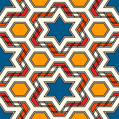 Oriental ancient mosaic seamless pattern. Arabesque ornament. Repeated geometric figures, hexagons, stars surface print