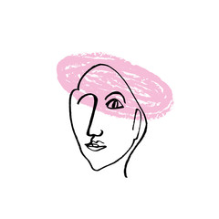 Simple hand drawn black and white trendy line portrait faces art. Color print for clothes, textile and other. Vector illustration, EPS