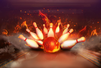 Flaming bowling ball bouncing pins. Successful hit - strike - obrazy, fototapety, plakaty