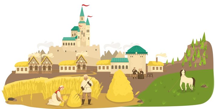 Medieval life peasants working in field, horse, castle and old european buildings landscape cartoon vector illustration. Historic life of medieval people, poor villagers and farmers labor.