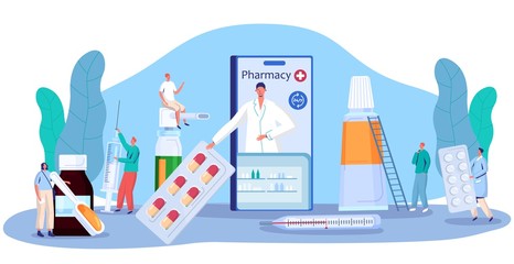 Pharmacy medication concept, online drugstore consultation and pills prescription, vector illustration. Tiny people with medical drugs and bottles, pharmacist assistant, medicine prescription online