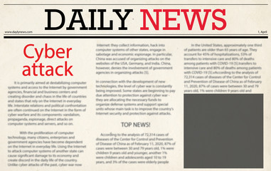 Closeup view of newspaper with headline CYBER ATTACK