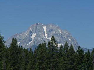 Obraz premium Snow-capped mountain top with the tops of pine trees in the foreground, Grand Teton National Park, Wyoming.