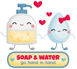 A Vector of Cute Foaming Soap and Water Holding Hand Together