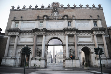 Rome, Italy-29 Mar 2020: Popular tourist spot Piazza del Popolo is empty following the coronavirus confinement measures put in place by the governement, Rome, Italy