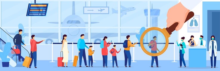 People waiting in airport queue, security check suspicious person, vector illustration. Passengers in airport terminal, men and women travel with baggage. Medical precaution check to secure control