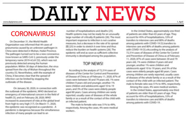 Closeup view of newspaper with headline CORONAVIRUS!
