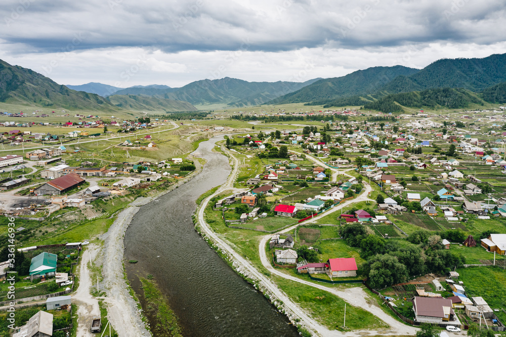 Canvas Prints Ursul River and Onguday village in green valley of Altai Mountains, panoramic aerial view. Rural scenery in Altai Republic, Siberia, Russia